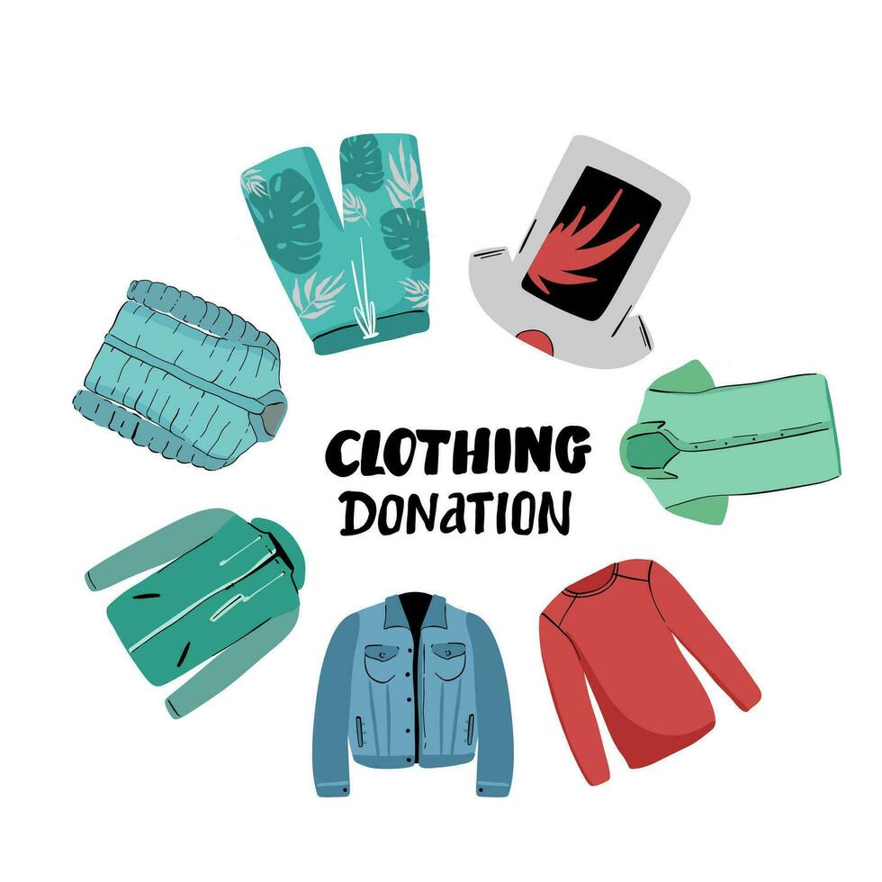 Clothing donation flat vector poster template. Thrift shop, second hand store web banner design. Homeless, people in need social help. Men and women garment illustration. Apparel selling and buying