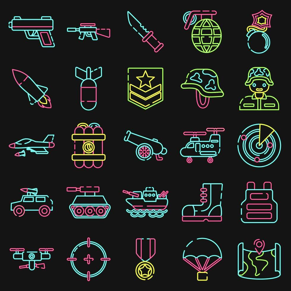 Icon set of military. Military elements. Icons in neon style. Good for prints, posters, logo, infographics, etc. vector