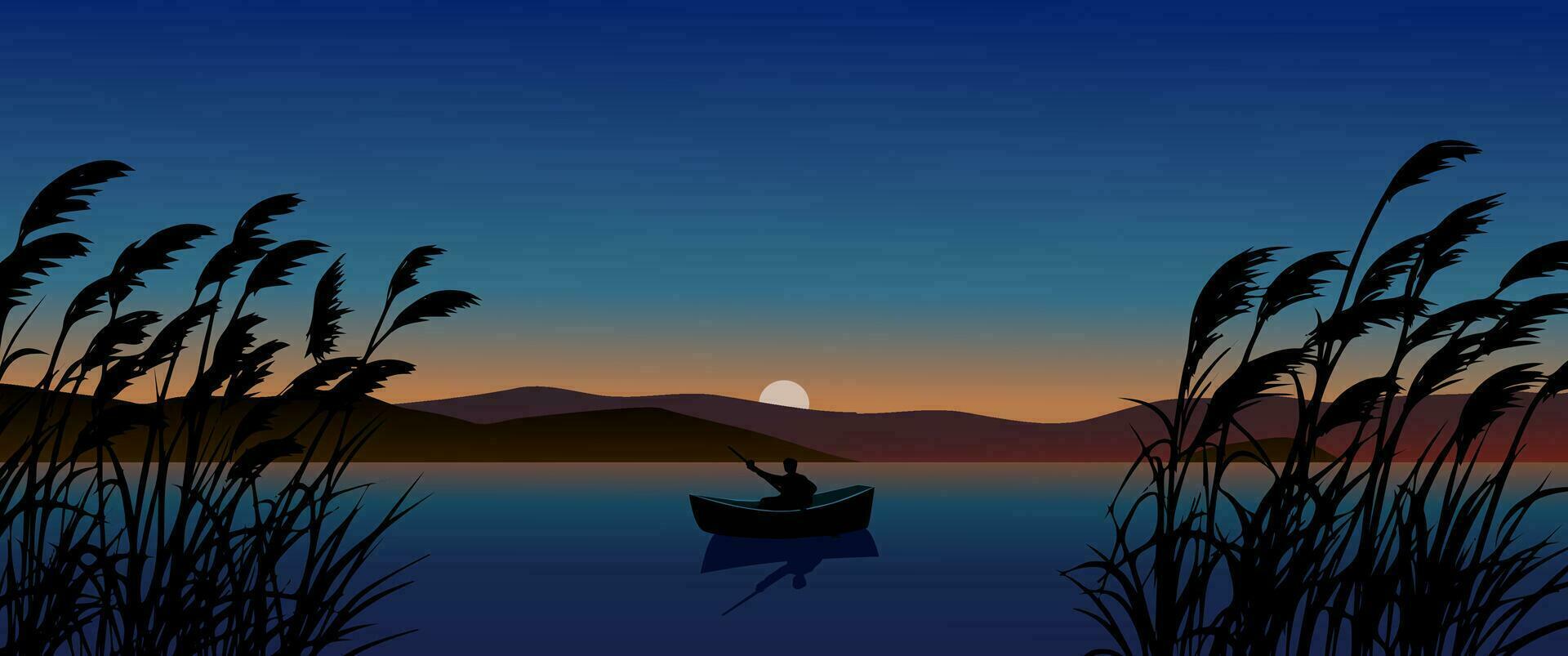 Calm sunset at lake. Vector nature landscape