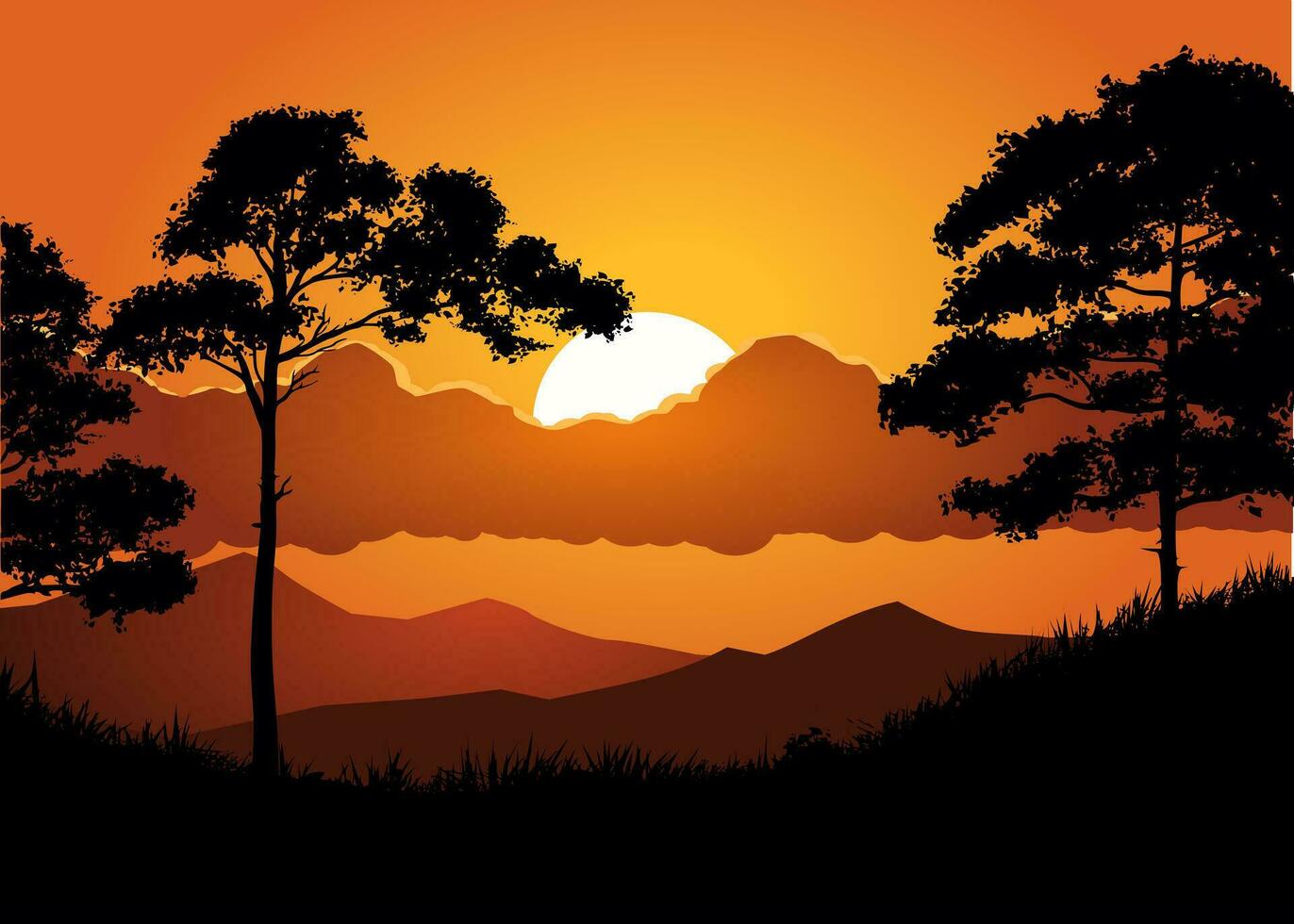 Orange sunset over beautiful mountain forest 34959460 Vector Art at