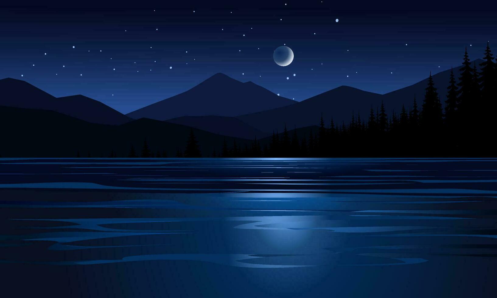 Nighttime landscape at lake with mountains, moon and stars vector