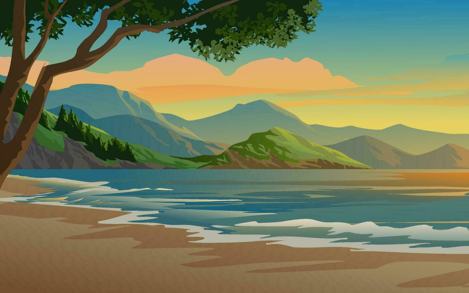 Beautiful beach at sunset. Vector nature scenery