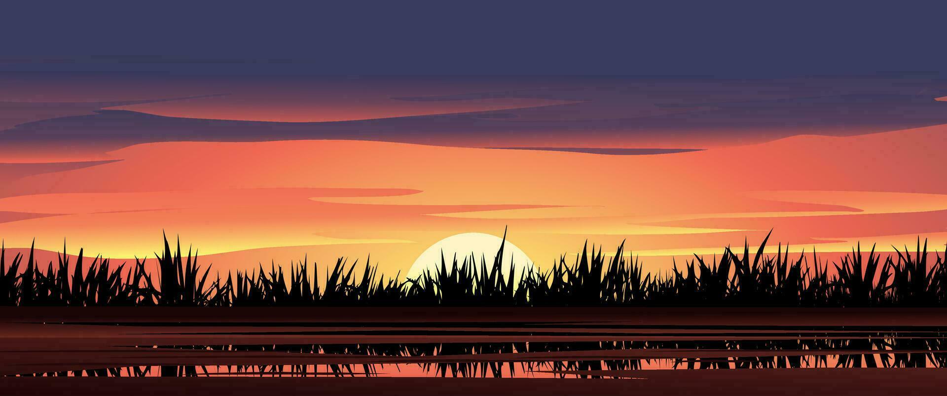 Sunset sky with grass. Vector nature background