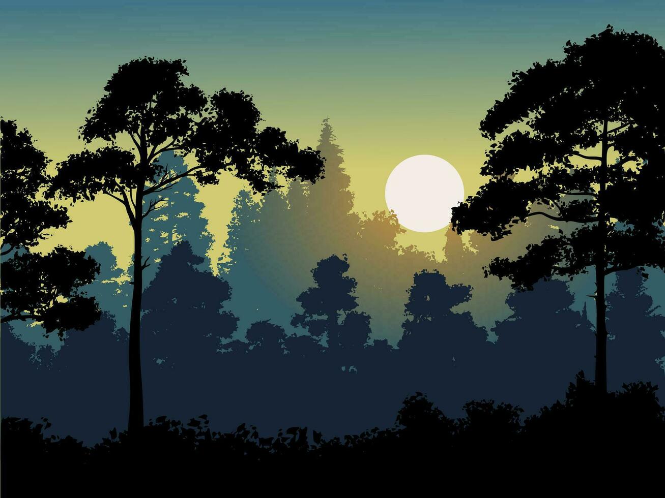 puesta de sol en bosque. vector naturaleza paisaje