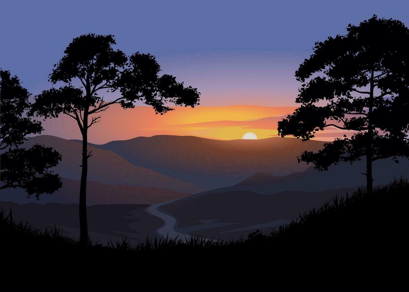 Mountain forest sunset. Vector nature landscape