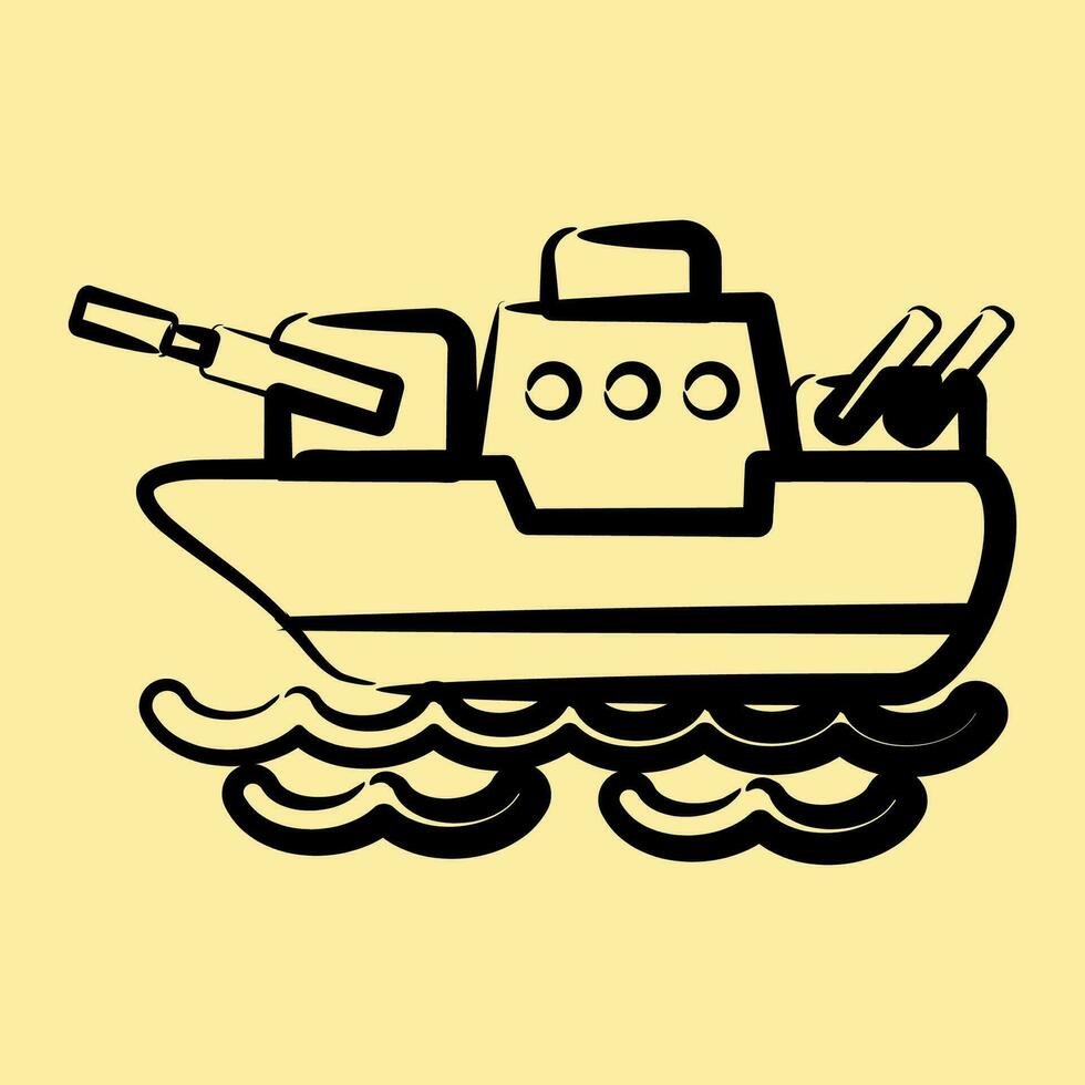 icono batalla barco. militar elementos. íconos en mano dibujado estilo. bueno para huellas dactilares, carteles, logo, infografía, etc. vector