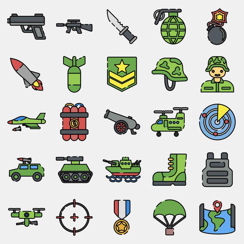 Icon set of military. Military elements. Icons in filled line style. Good for prints, posters, logo, infographics, etc. vector