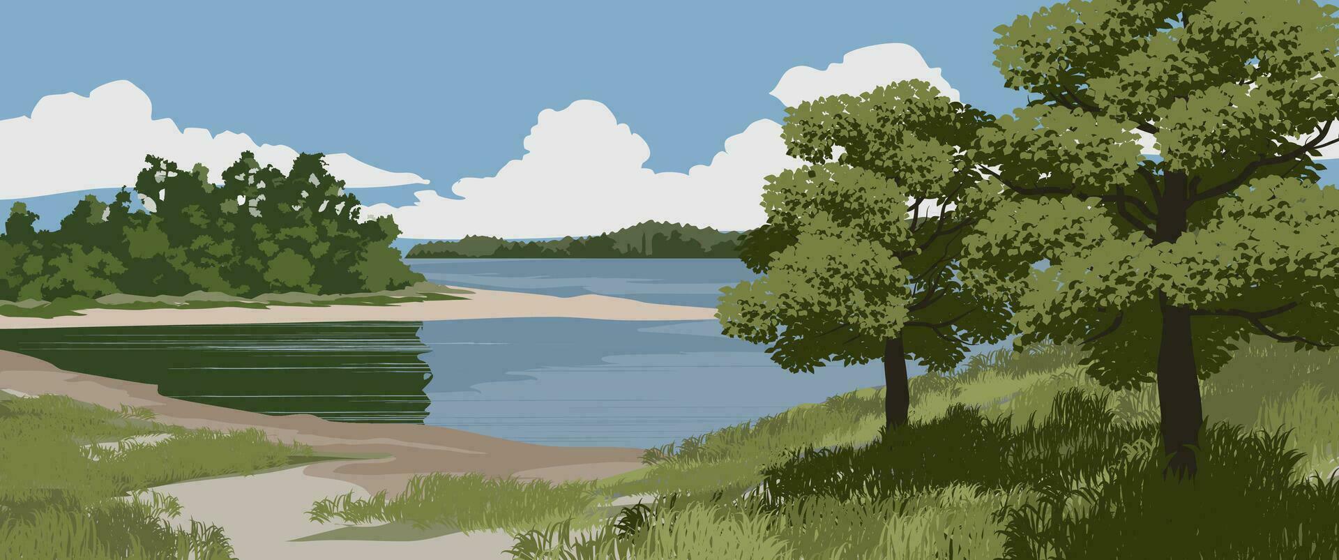 Lake at sunny day. Vector nature landscape