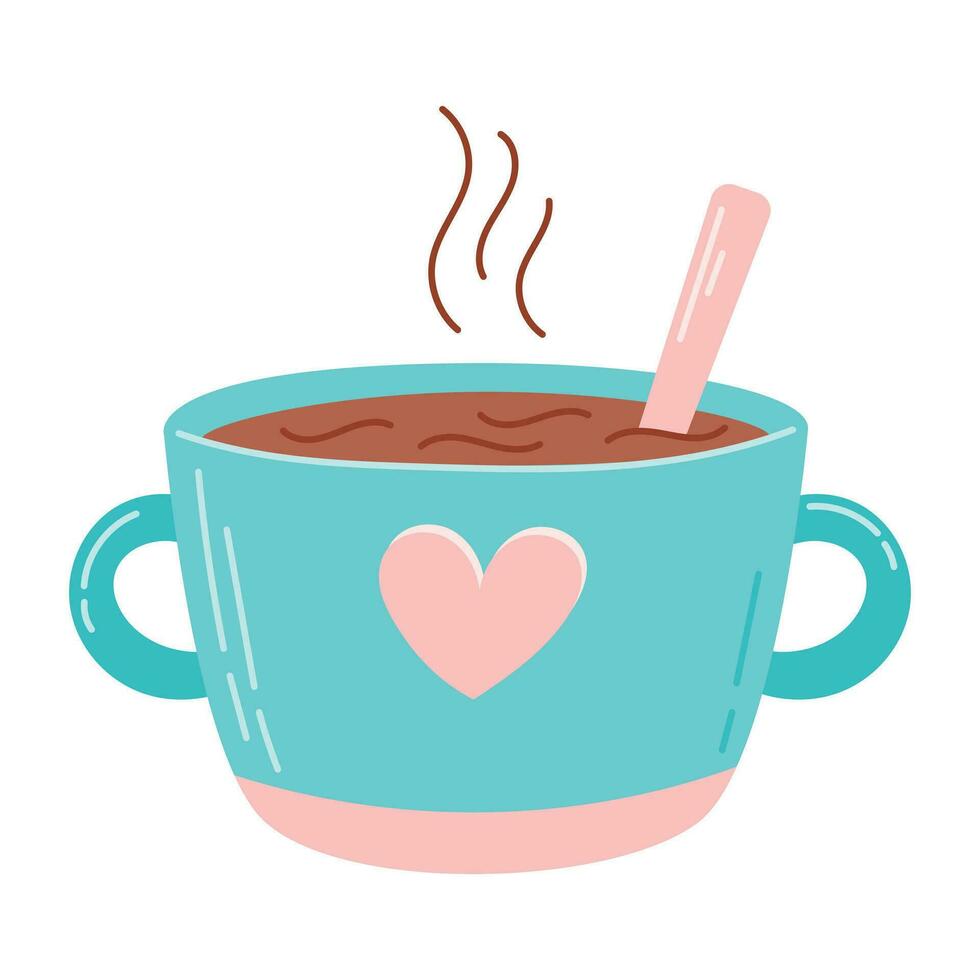 Cute Cup of hot tea or coffee with heart. Vector isolated cartoon illustration.