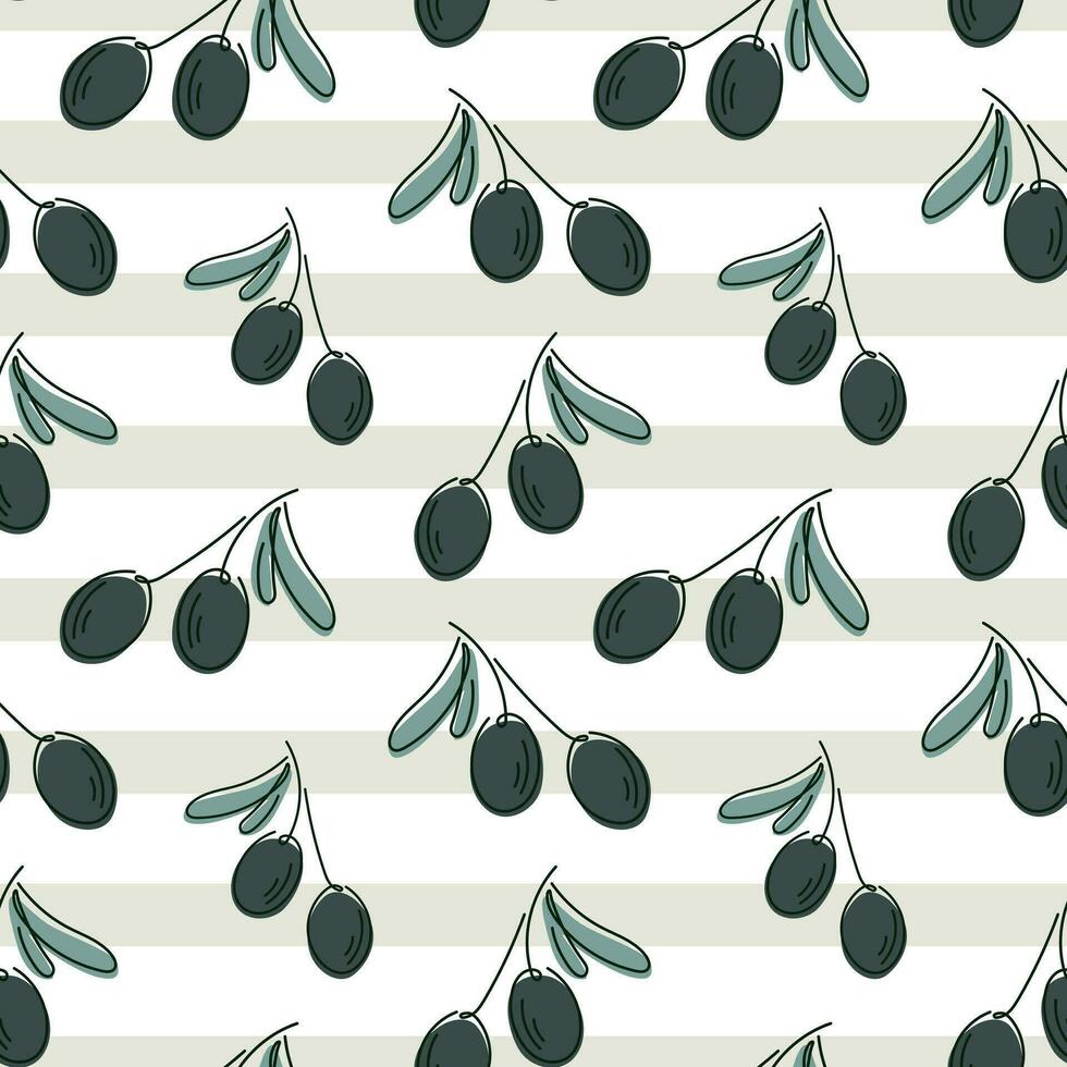 Twigs with olive berries and leaves, vector seamless pattern with cartoon line art illustration.