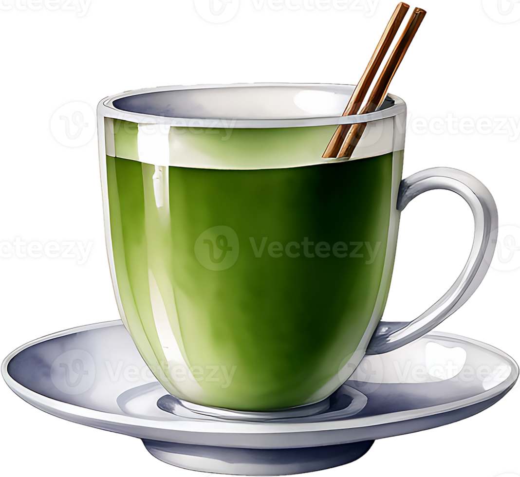 AI generated A drawing of a teacup and saucer with a green tea cup, PNG file on an isolated white background, and matcha green tea leaf on a cup, To celebrate International Tea Day