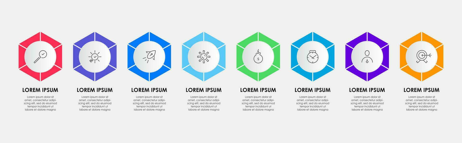 vector infografía diseño negocio modelo con íconos y 8 opciones o pasos.