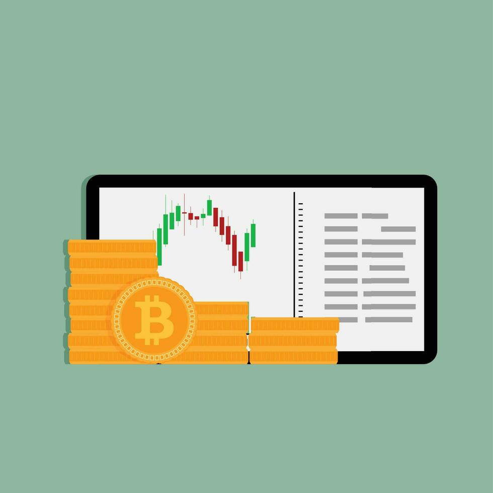 Trade in crypto currency. Tablet with chart and graphic, stack golden bit coin. Vector illustration