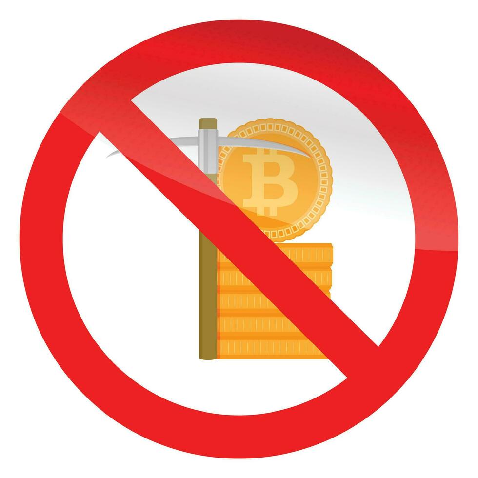 Stop mining icon. Ban mine, forbidden btc, no pick-axe. Vector illustration