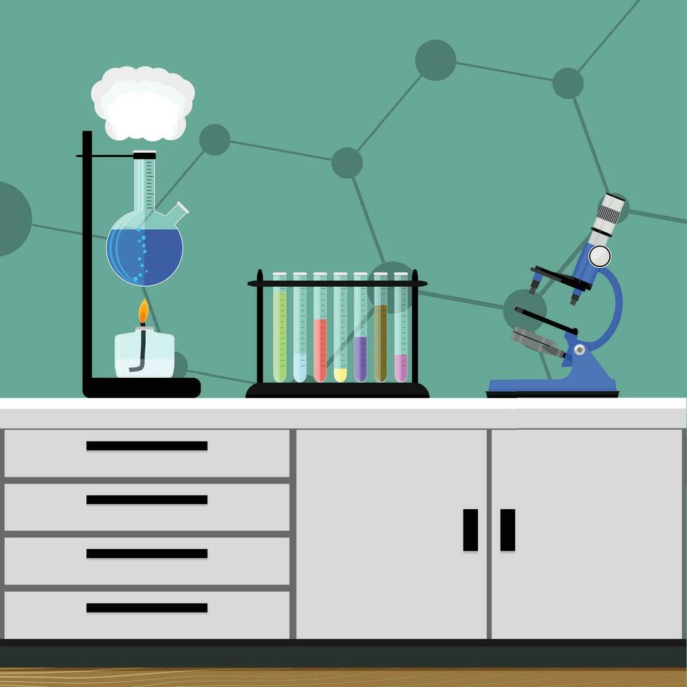 Experiment in chemical laboratory. Research scientific, science medicine, substance and microbiology. Vector illustration