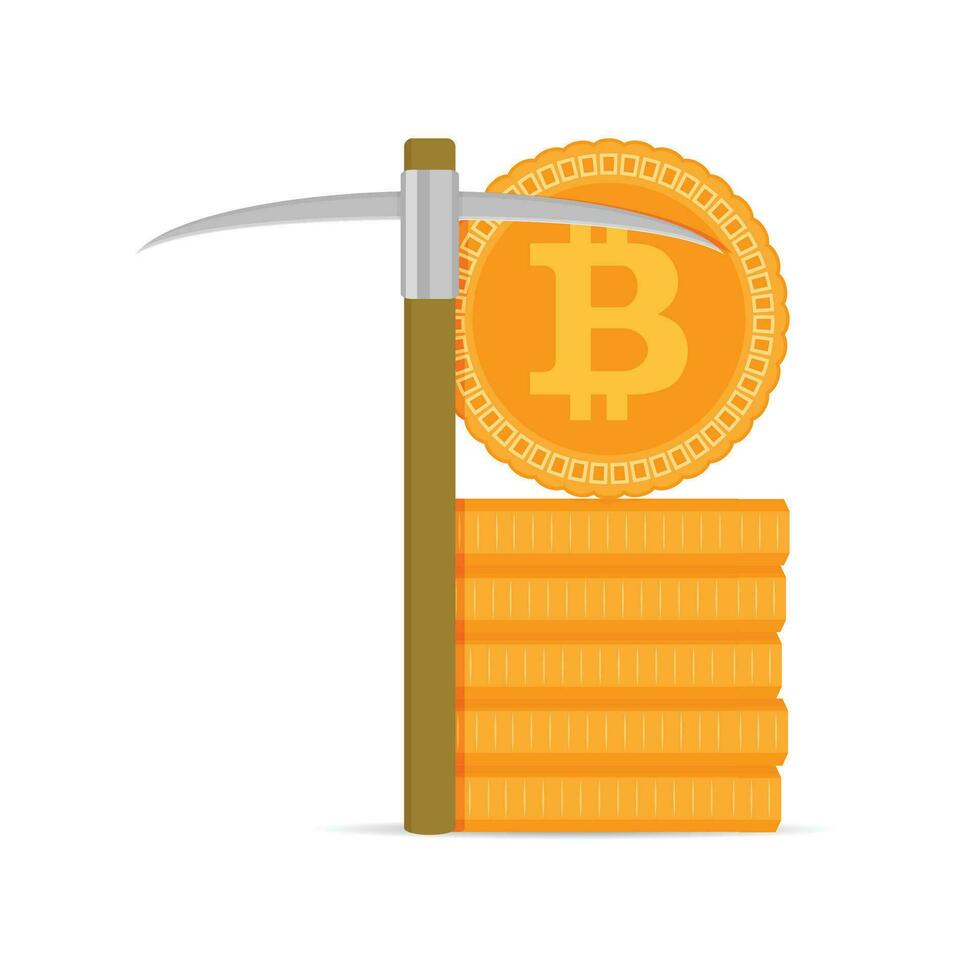 Mining bitcoins gold. Vector coin stack and pickaxe illustration