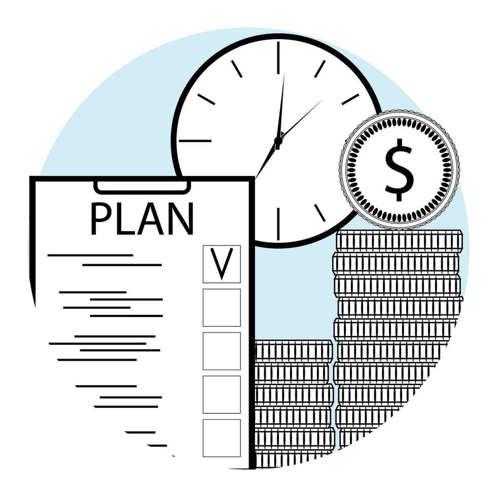 Plan time and money line art icon for app mobile. Checklist plan, clock and stacked coins. Vector illustration