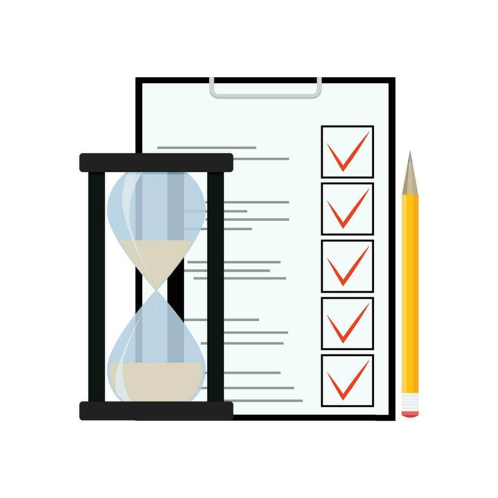 Exam and test. School education questionnaire, check mark quiz, vector illustration
