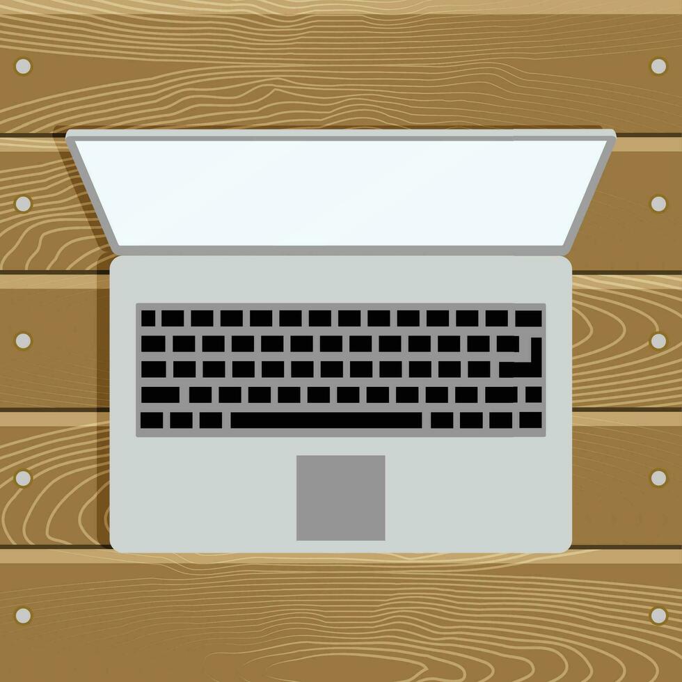 Top view laptop computer on wood table. Work notebook for office. Vector illustration