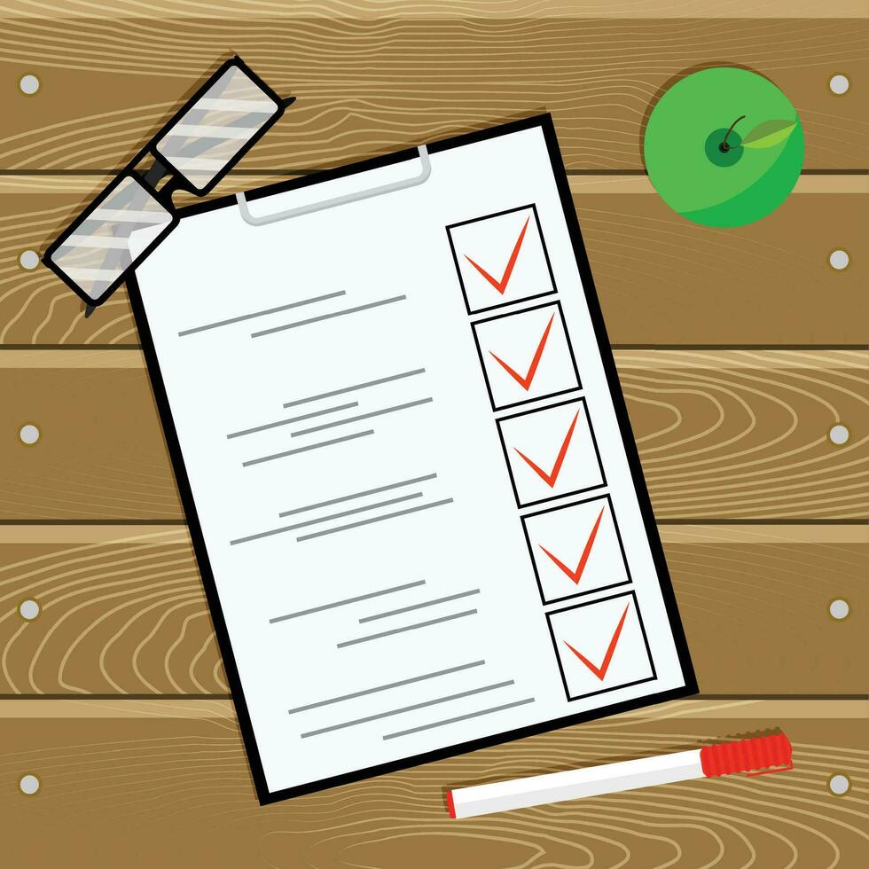 Examination test questionnaire on wooden table. Education test, examination for learning and educate. Vector illustration