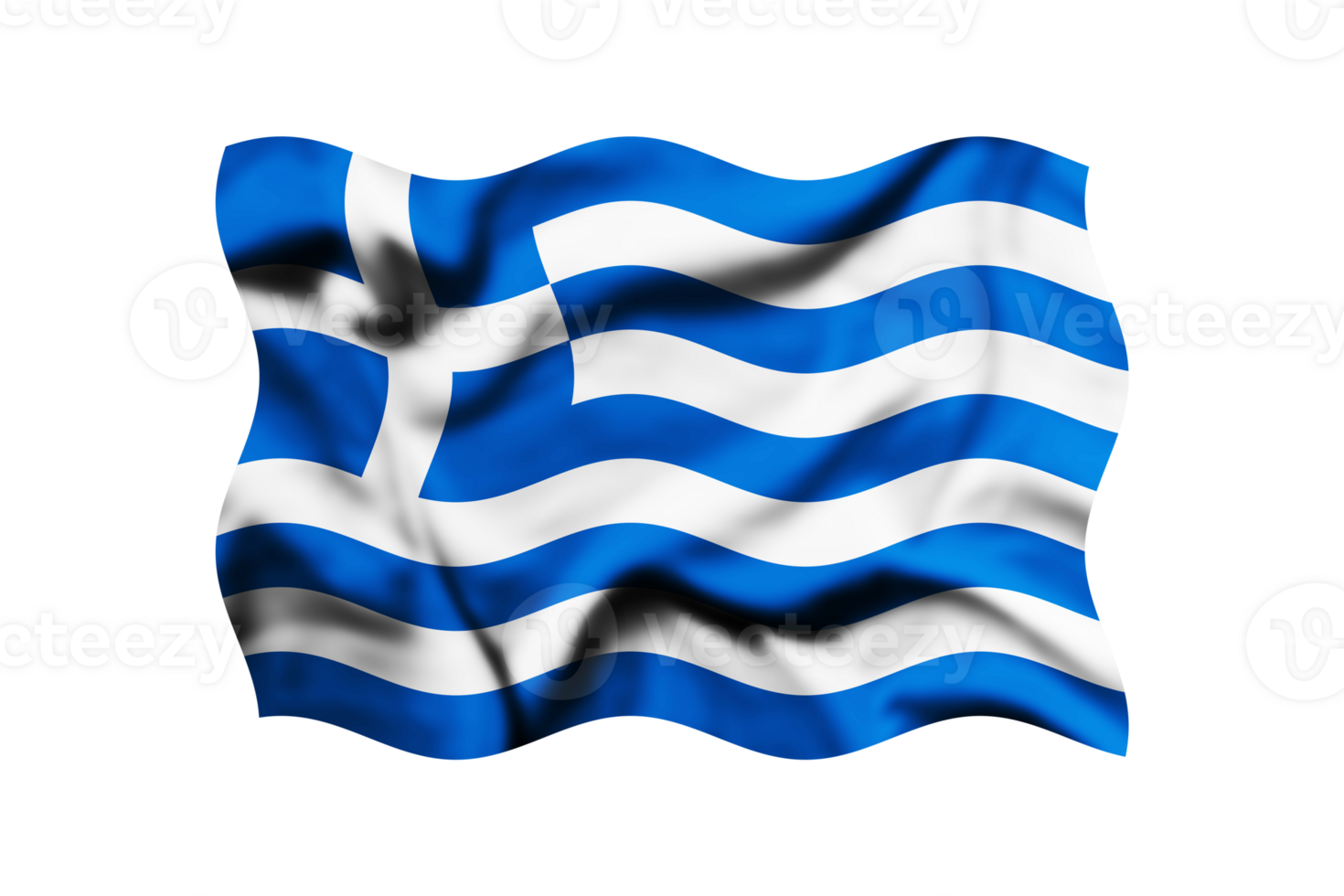 The flag of Greece is waving in the wind on a transparent background. 3d rendering. Clipping path included png