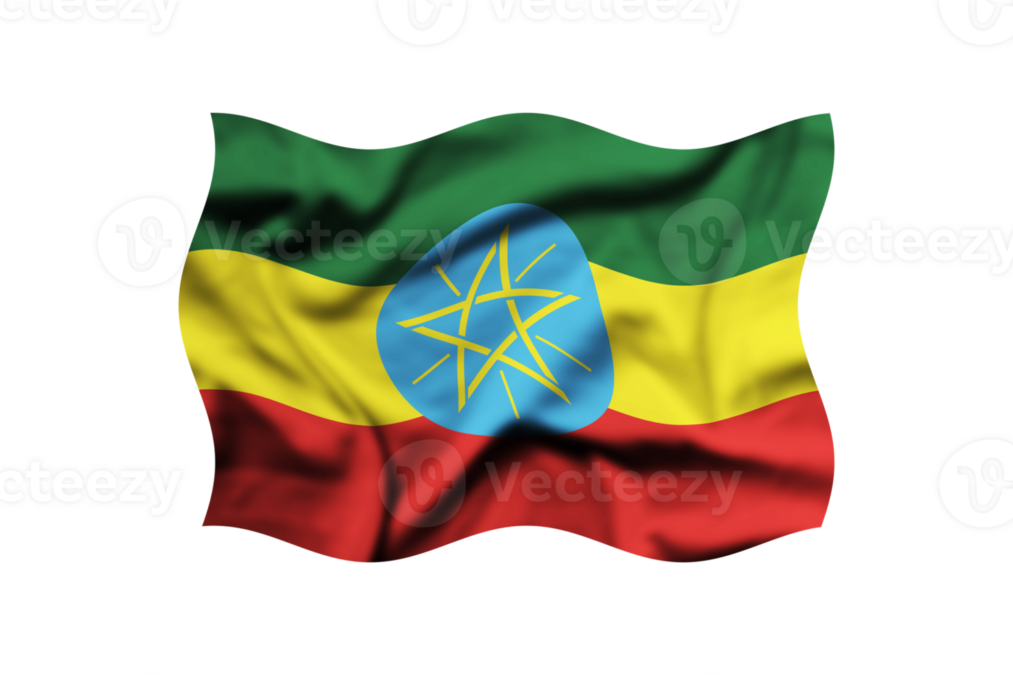The flag of Ethiopia is waving in the wind on a transparent background. 3d rendering. Clipping path included png