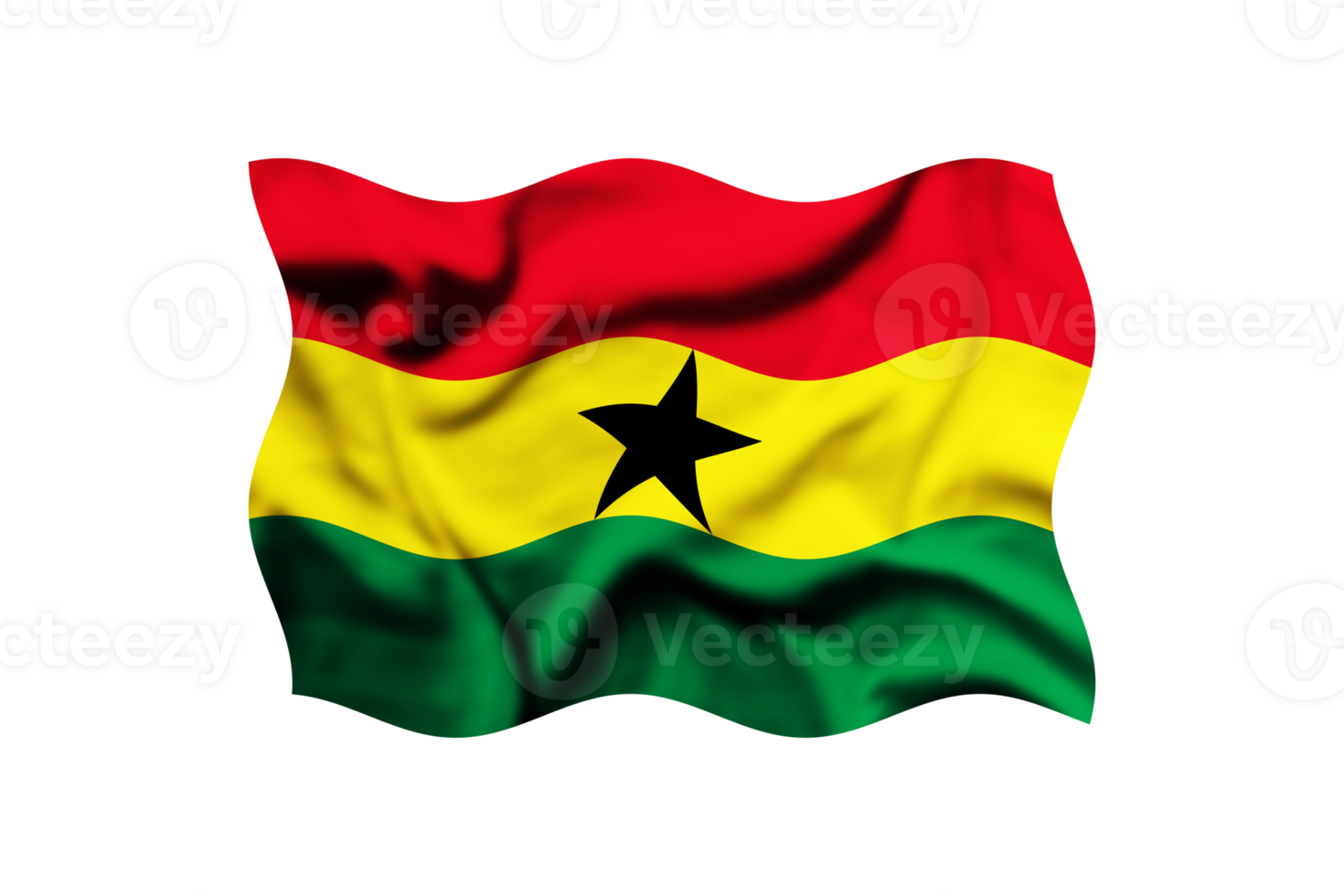 The flag of Ghana is waving in the wind on a transparent background. 3d rendering. Clipping path included png
