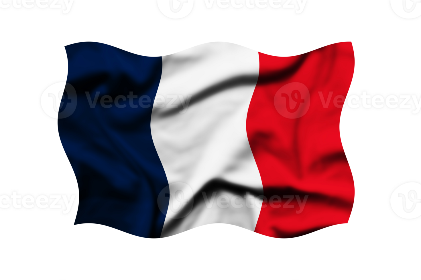 The flag of France waving in the wind isolated on transparent. 3d rendering. Clipping path included png
