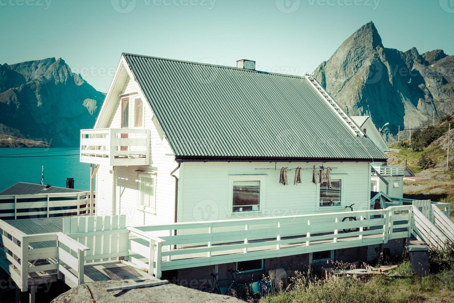 Old wooden architecture in Norway. White home photo