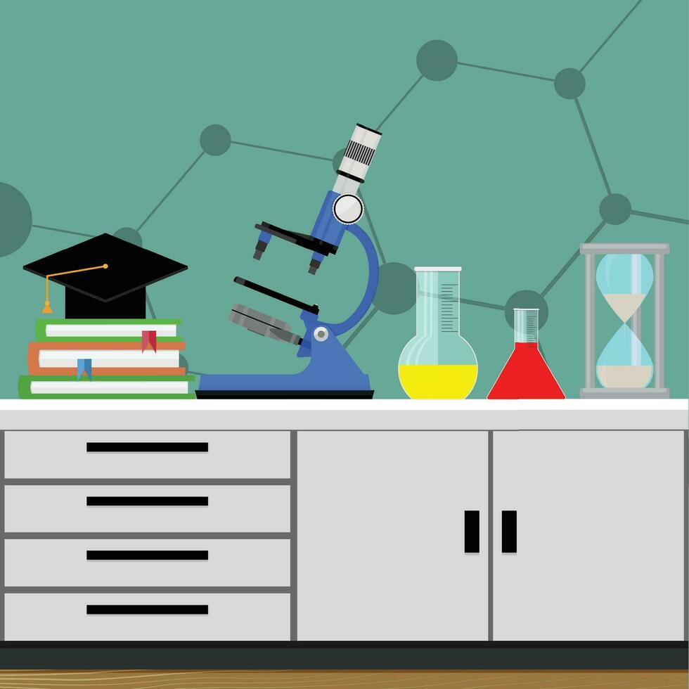 Experiment in chemical laboratory. Research scientific, science medicine, substance and microbiology. Vector illustration