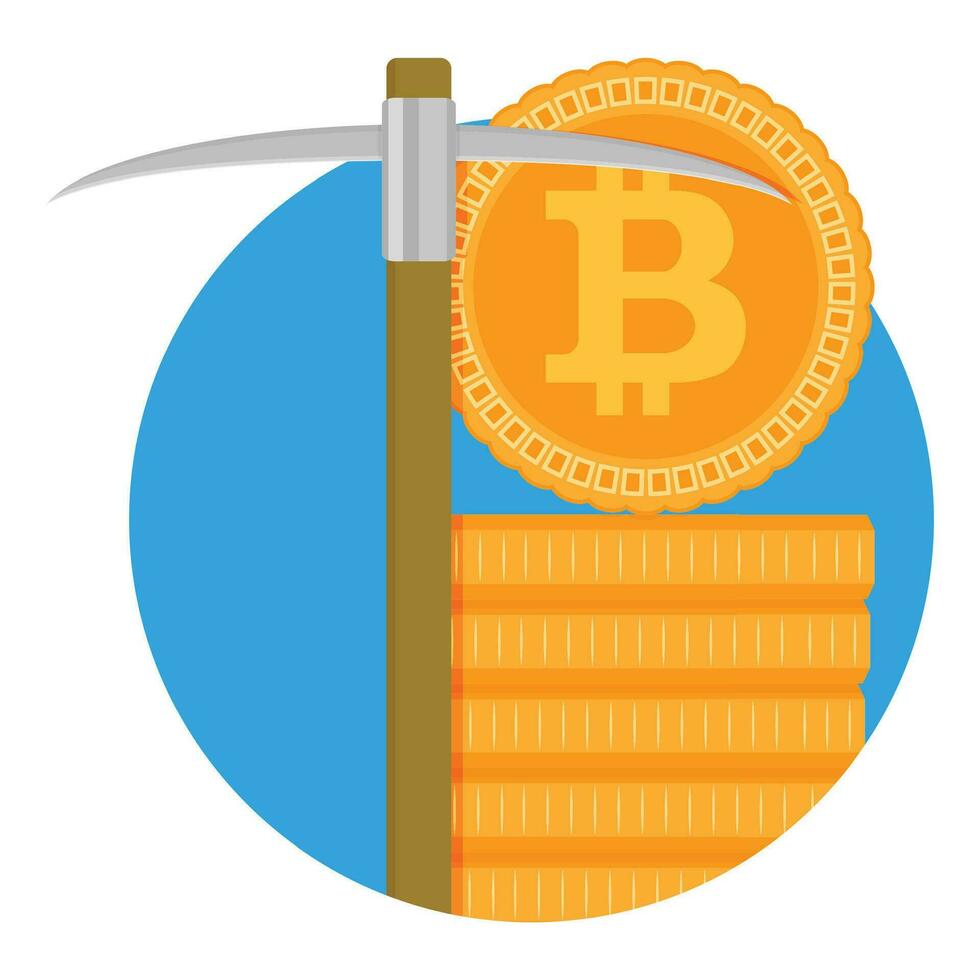 Mining bitcoin symbol. Mine with pickaxe, gold crypto bit coin. Vector illustration