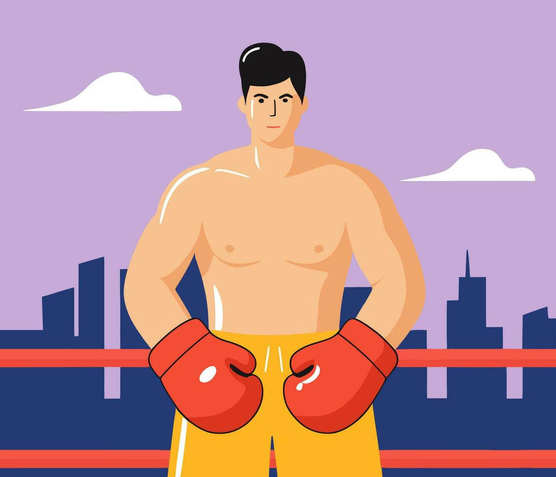 Boxer en el anillo en contra el antecedentes de el ciudad, plano vector ilustración.