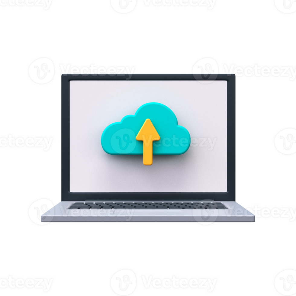 3D icon for cloud file upload. Cloud sign with up arrow on laptop screen png