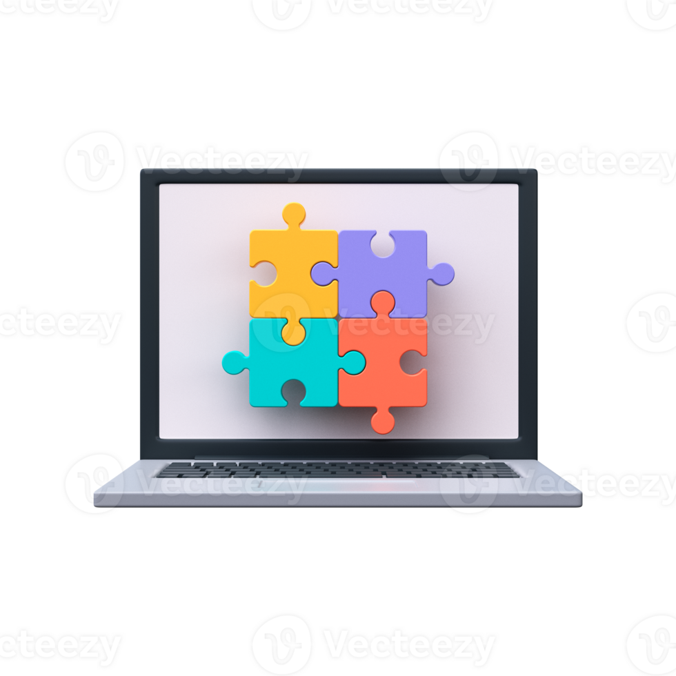 Teamwork, strategy and brainstorming concept. Puzzle icon on laptop screen in 3D style png
