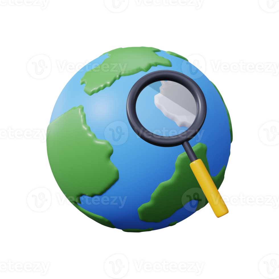 Global search concept. Globe zoom. Earth with magnifying glass search icon. Searching place. 3d render. png