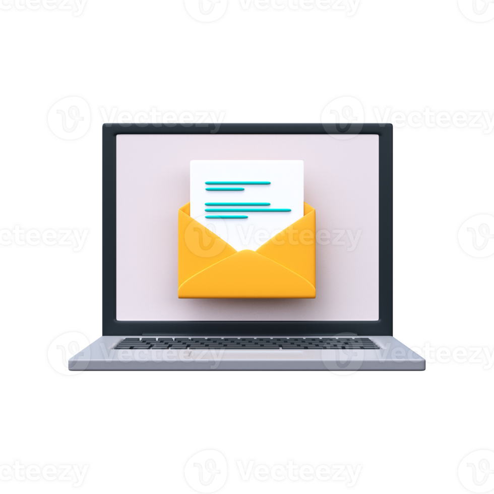 Envelope with a document on a laptop screen. Email concept, 3d render png