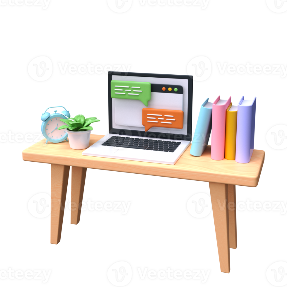 Work table with laptop, books and alarm clock. 3d workplace png