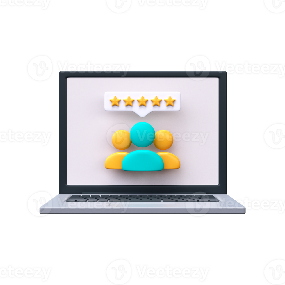 3D users with stars on laptop screen. Online reviews concept in 3d style. png