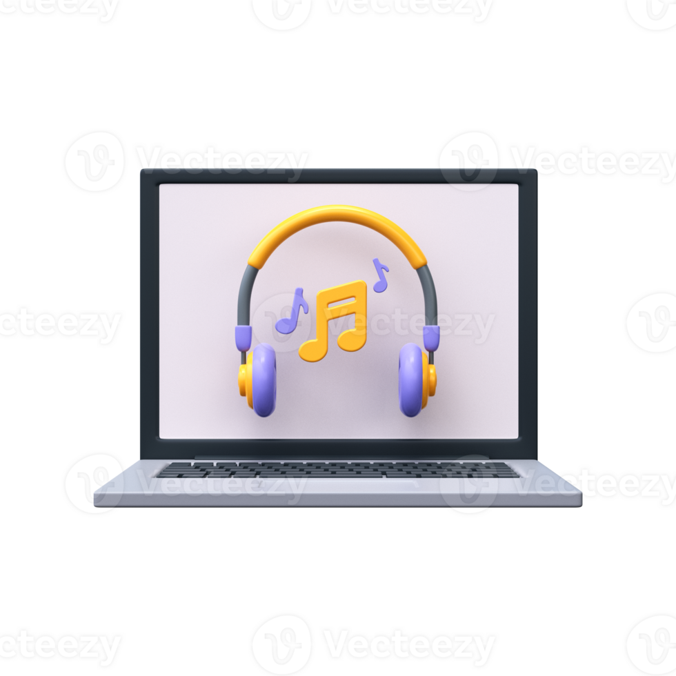 Listening to music icon. 3d Headphones and musical note on laptop screen png