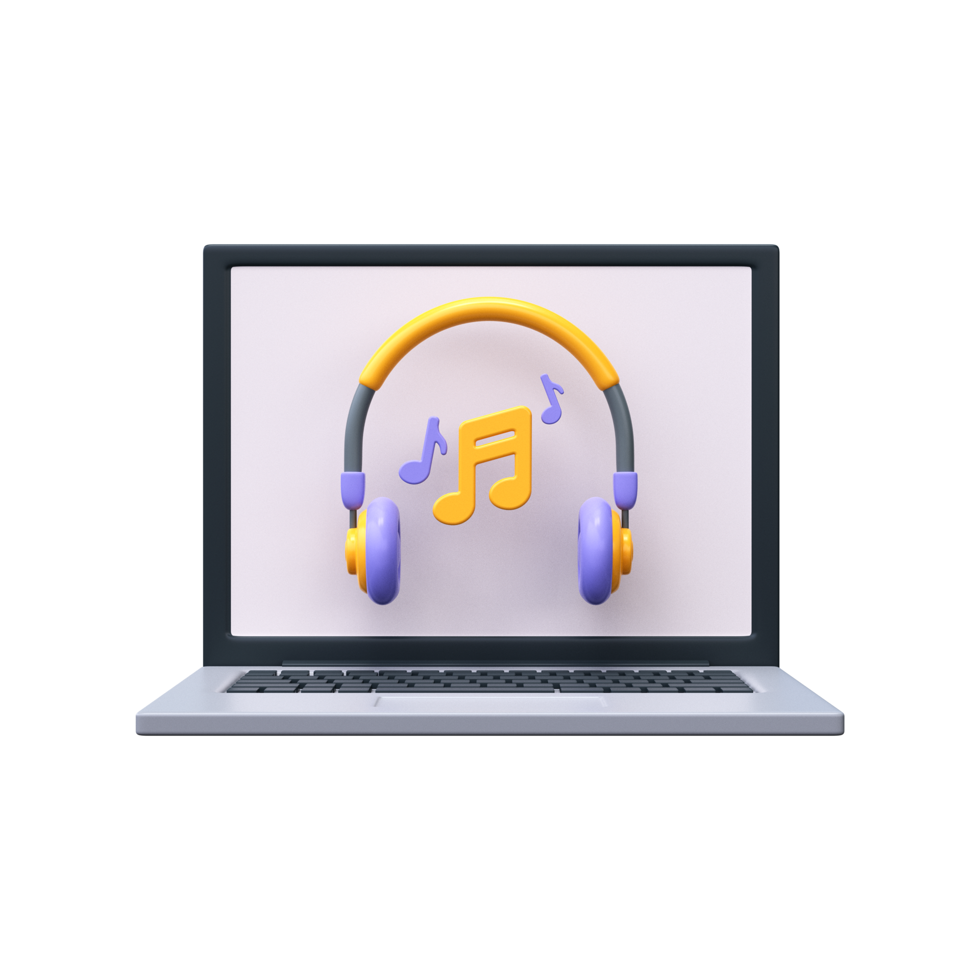 Listening to music icon. 3d Headphones and musical note on laptop ...