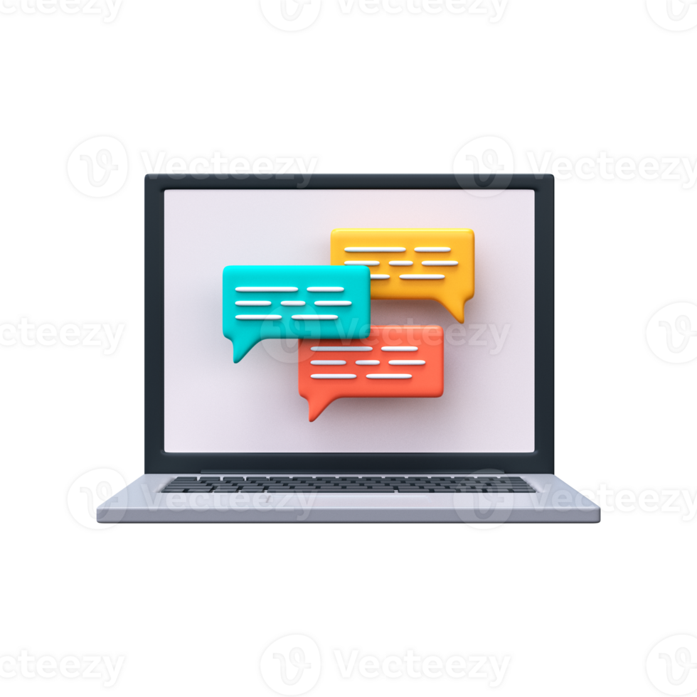 Online chat on laptop screen. Communication and message sharing concept, 3d render png