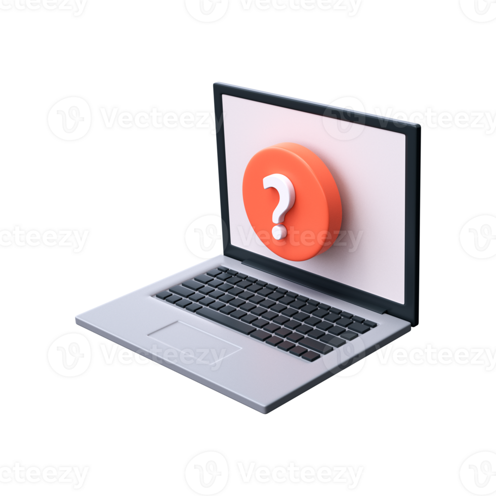 Question mark symbol on a laptop screen in 3D style. png