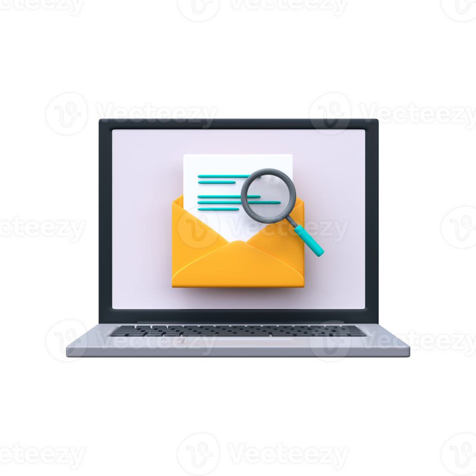 Mail search icon. 3d open envelope with document and magnifying glass. png