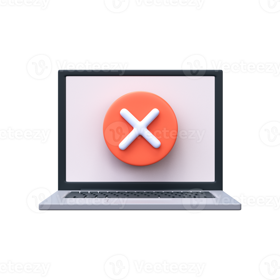 Error, cancellation or exit icon in 3D style. Laptop and round red cross icon. png