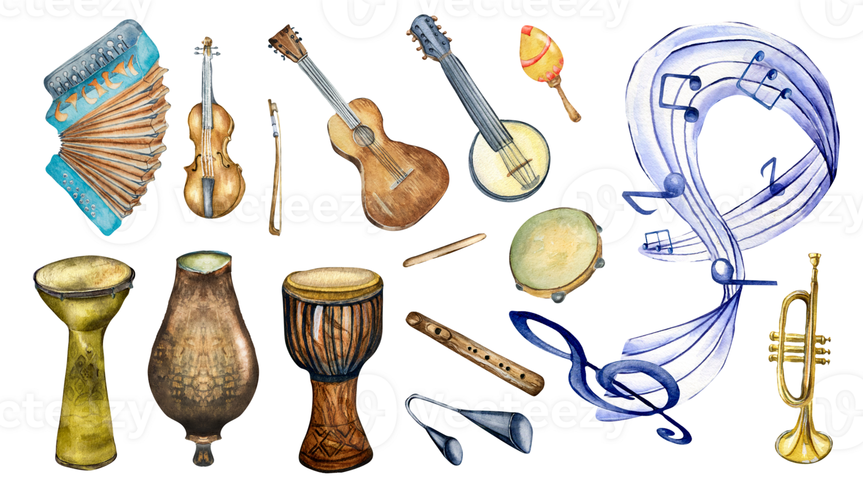 Set of Latin folk musical instruments watercolor illustration. Hand drawn accordion, drums, treble clef. Elements for a music project. Painted trumpet, guitar and violin. png