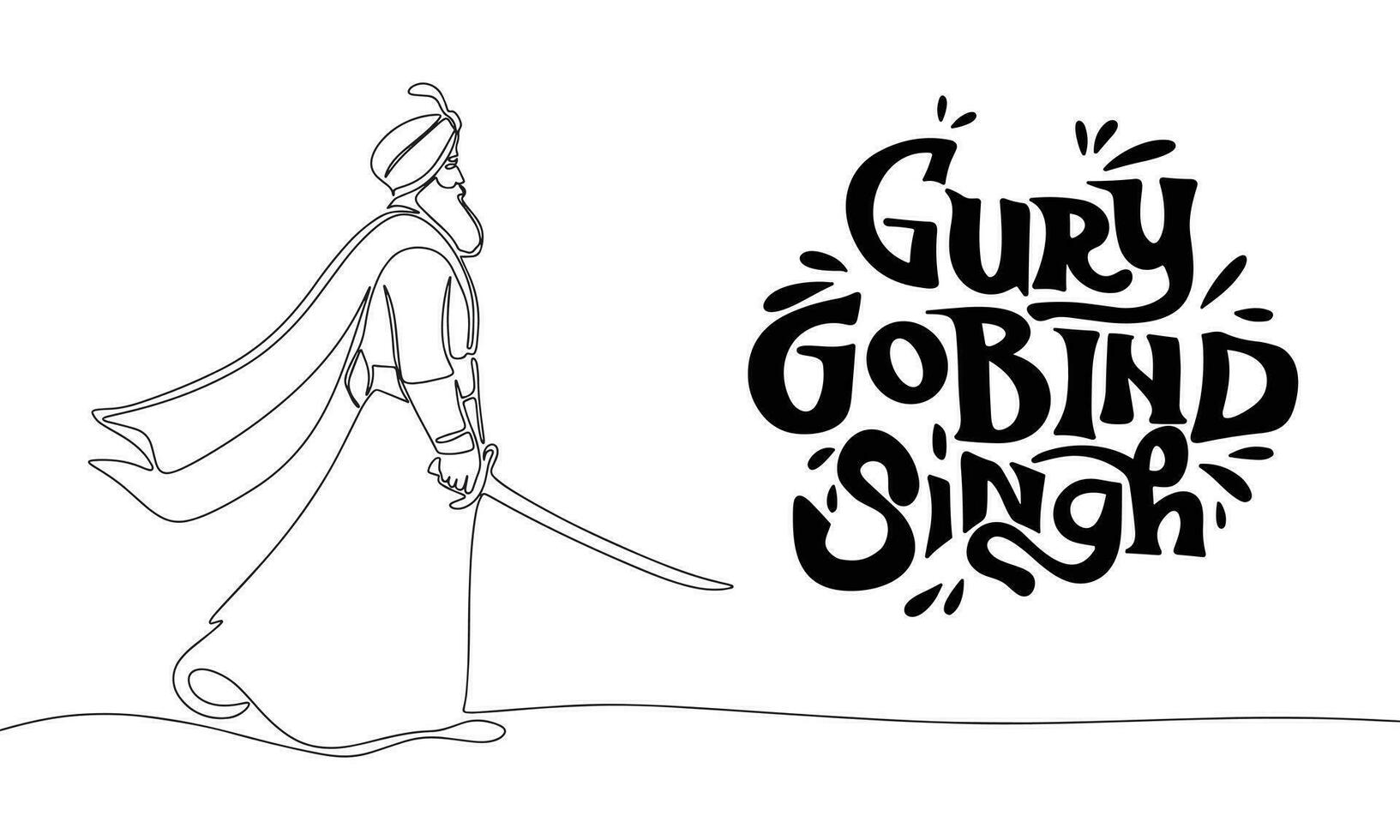 Guru Gobind Singh banner with one line continuous Guru Gobind Singh. Line art Guru Gobind Singh with handwriting inscription Guru Gobind Singh. Hand drawn vector art.