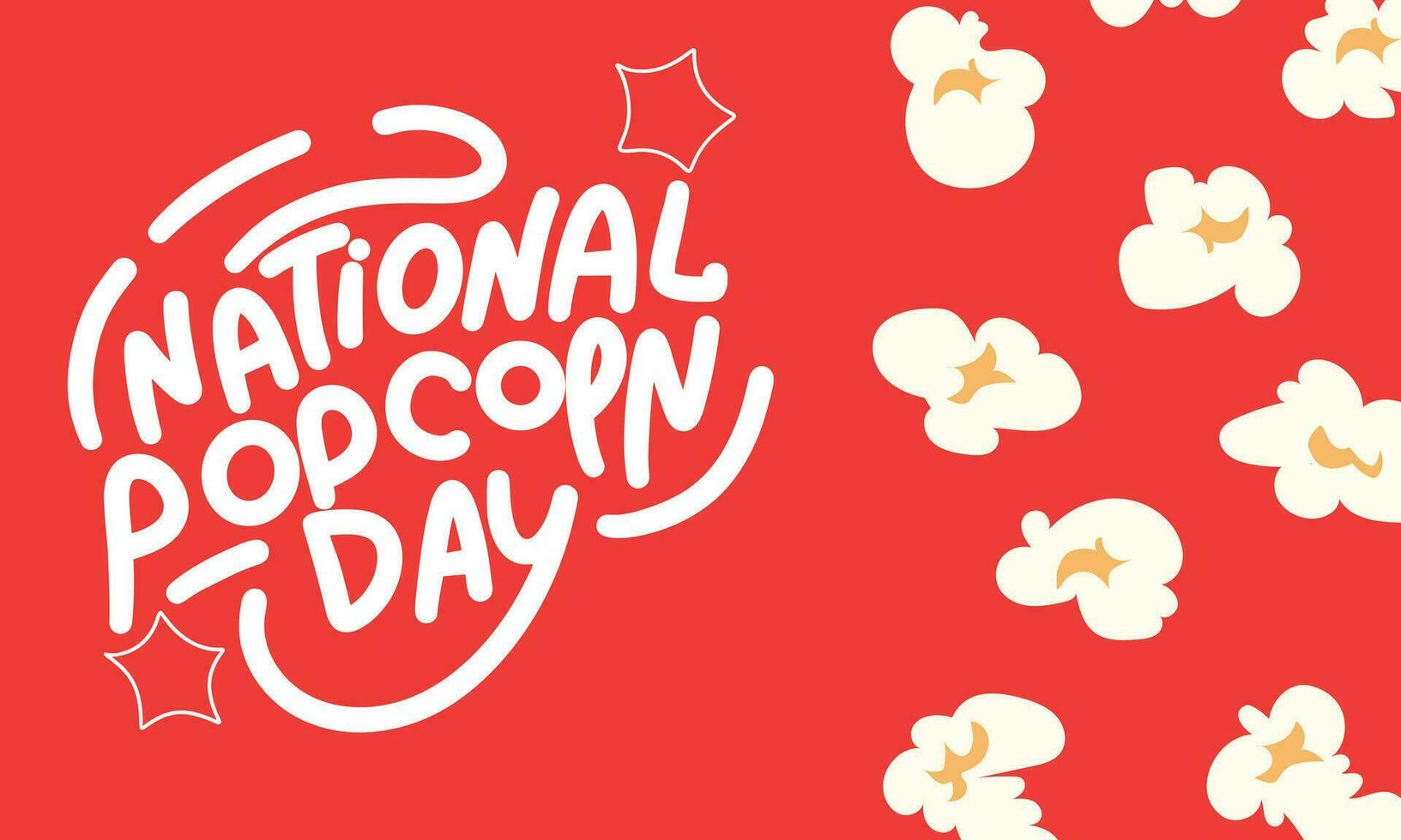 National Popcorn Day banner. Popcorn isolated on red background. Handwriting text National Popcorn Day. Hand drawn vector art.