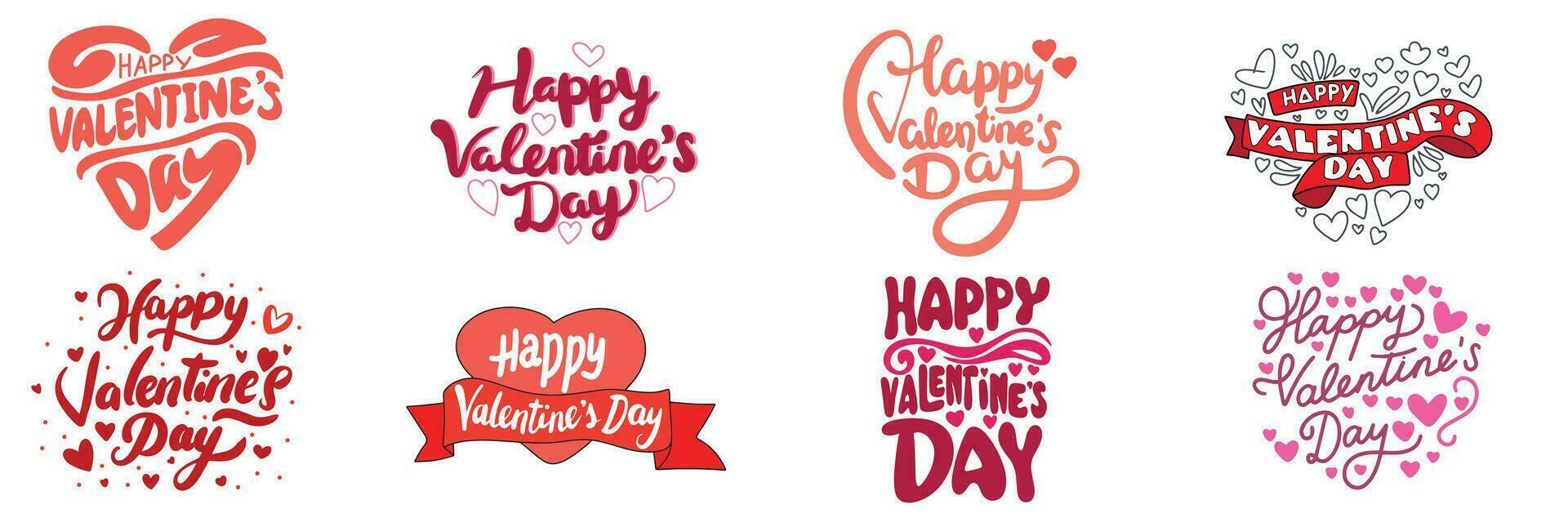 Collection of Happy Valentine's Day lettering inscription. Set of handwriting Happy Valentine's Day text color isolated on white background. Hand drawn vector art.