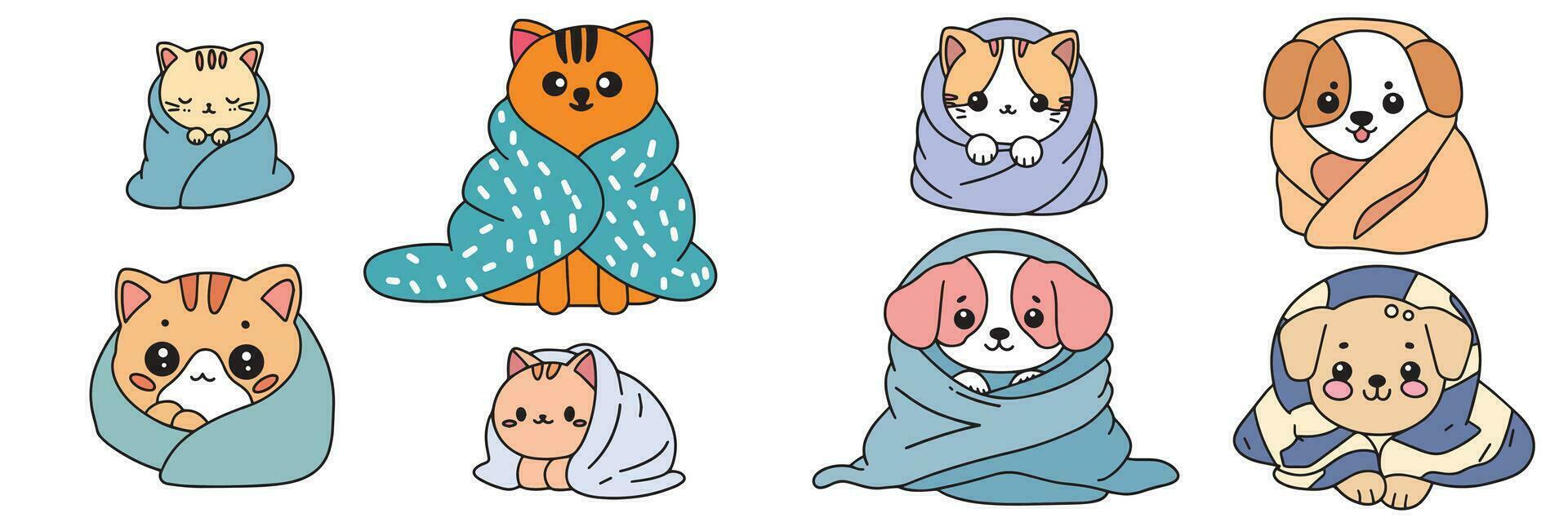 Set of cute pet wrapped in blanket. Cozy kitty and puppy colored outline. Little cat and dog wrapped in blanket in doodle style. Hand drawn vector art.