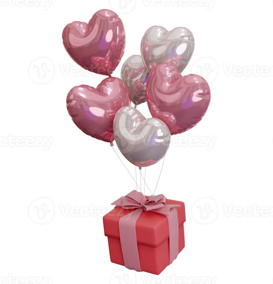 3d Rendern Illustration von ein Bündel von Liebe Luftballons gebunden mit ein Geschenk auf ein transparent Hintergrund, geeignet zum Valentinstag Tag, Hochzeit, Geburtstag und mehr. png